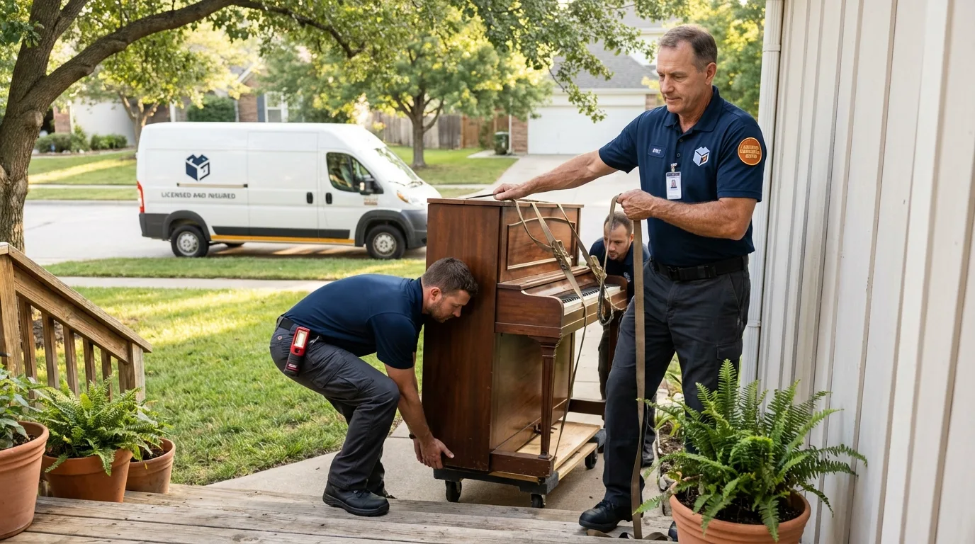 Licensed piano movers securing grand piano in Grandview, WA