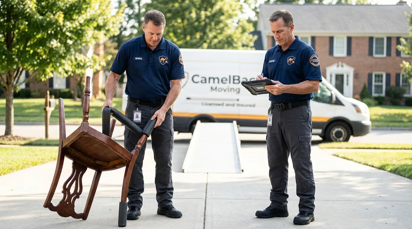 Movers inspecting furniture for damage prevention before loading in Grandview, WA