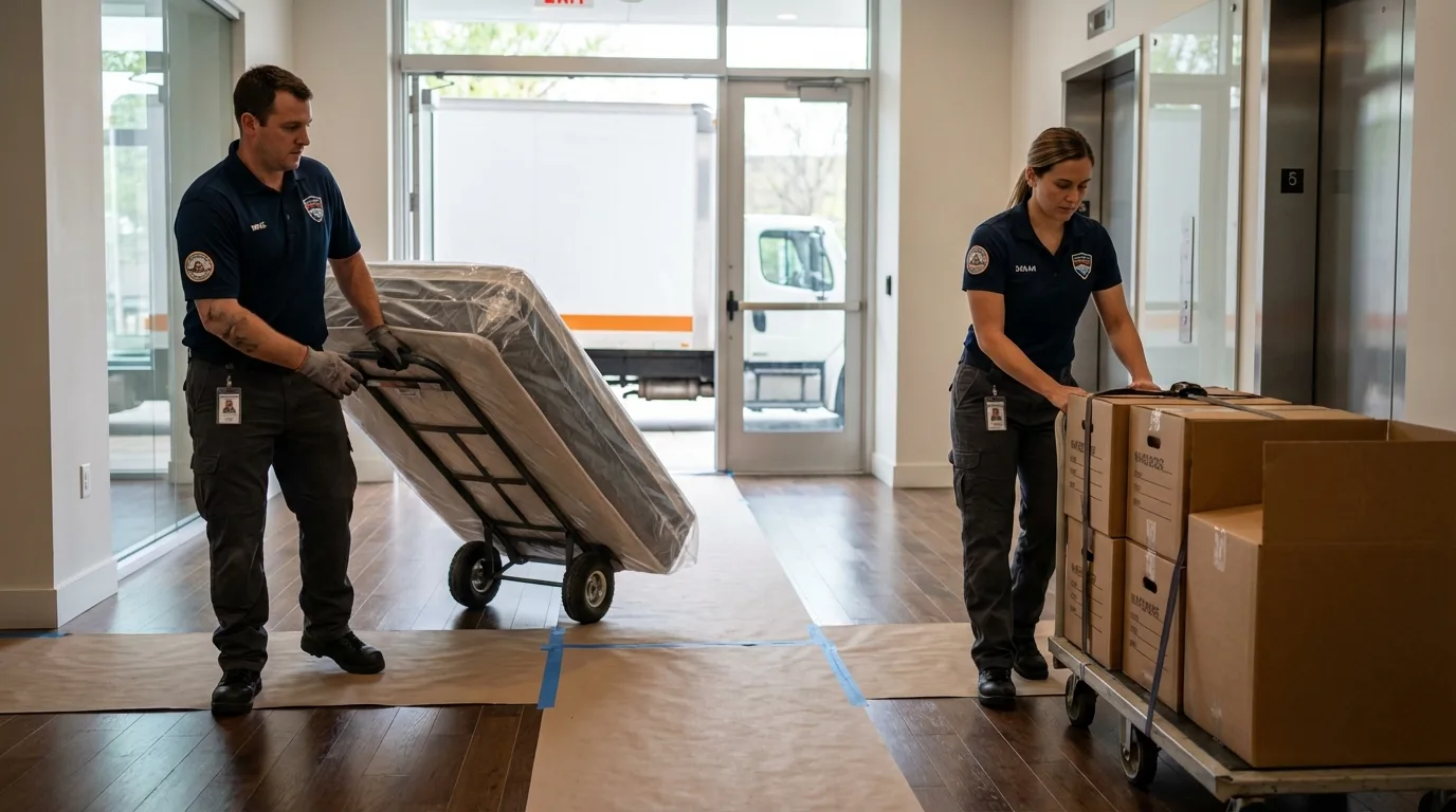Professional apartment movers loading elevator in Grandview, WA