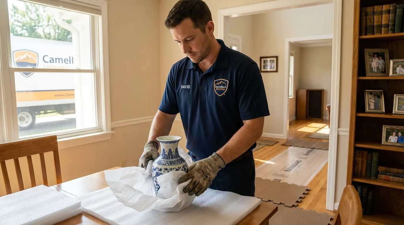 Professional crew carefully wrapping antique vase for senior downsizing move in Grandview, WA